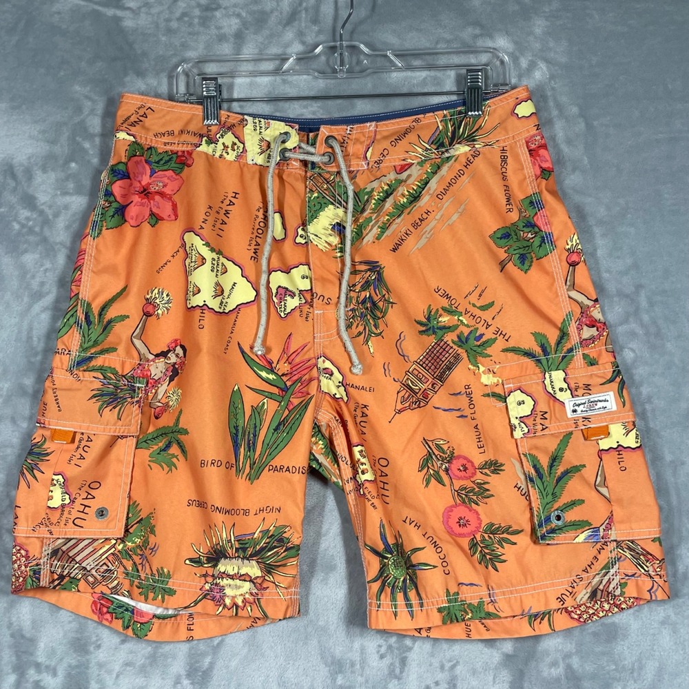 J.Crew Mens Orange Hawaiian Map Tropical Board Shorts Swim Trunks Size 33 3289